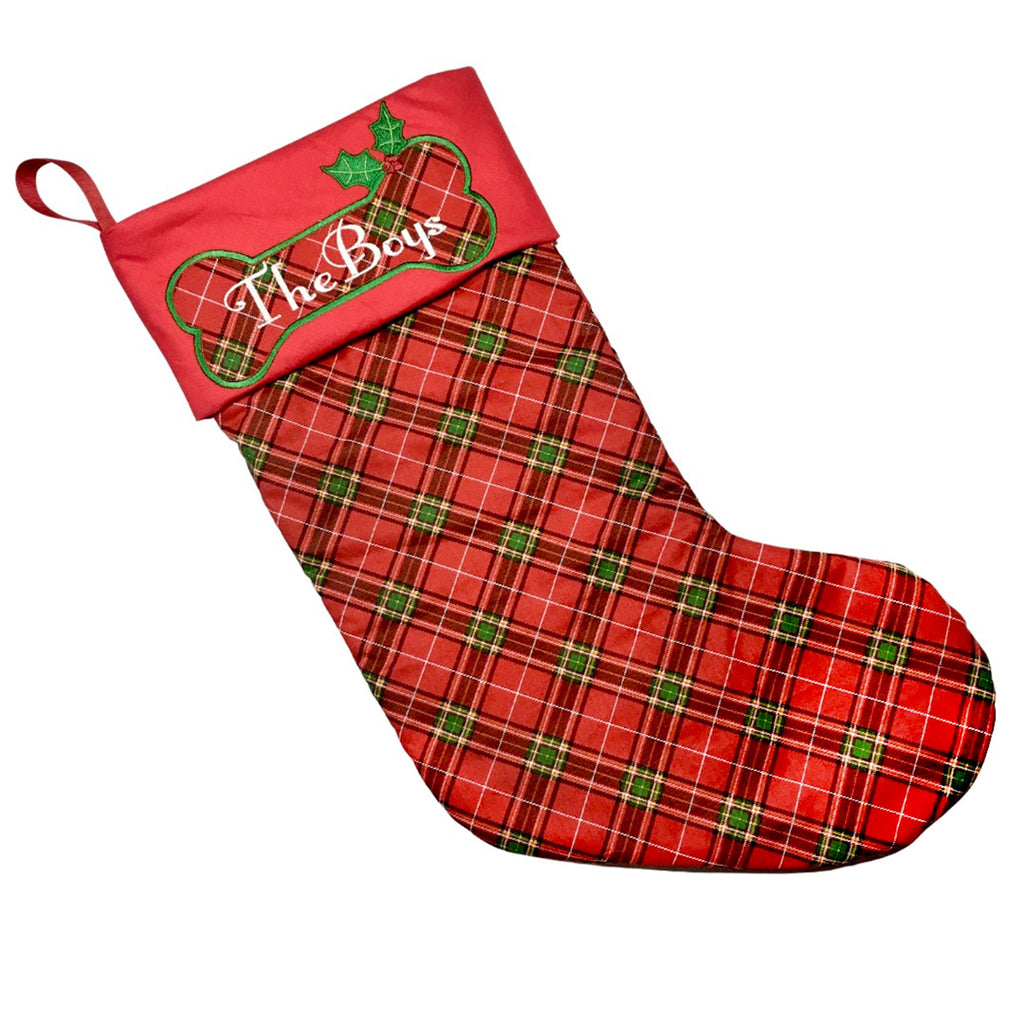 Red Plaid Dog Stocking with Personalized Cuff inside Dog Bone Embroidered Applique