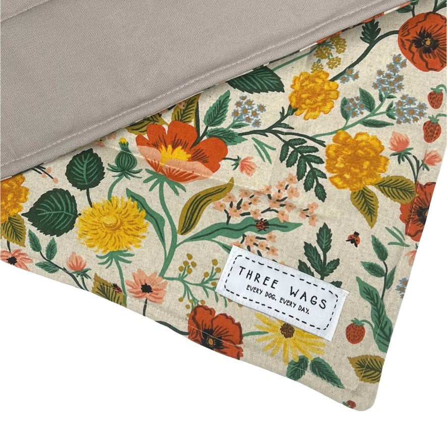 Poppy Fields fabric Dog Mat with Beige Backing Fabric Showing
