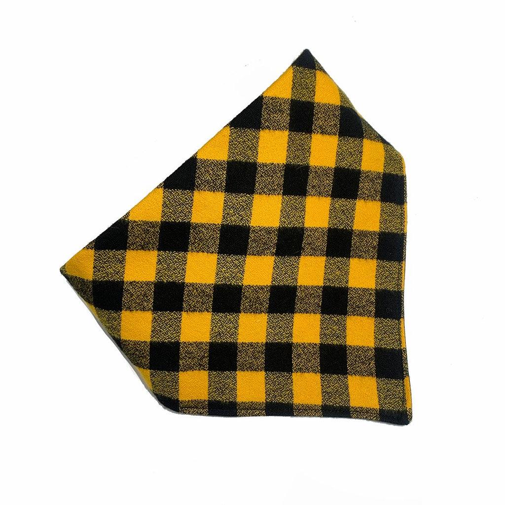 Reverse side of the Doodles of Pittsburgh bandana featuring a black and gold flannel check fabric.