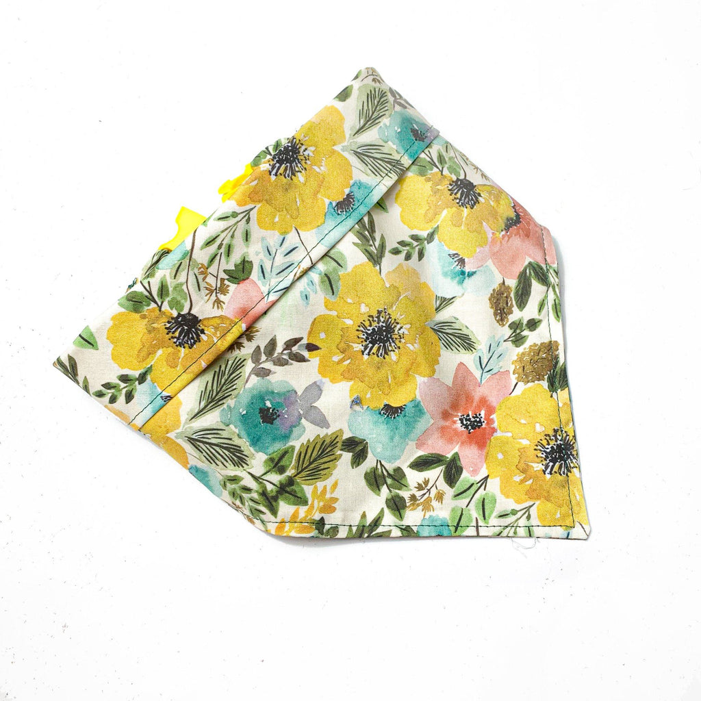 autumn floral dog bandana in golden yellow, pale pinks and soft greens