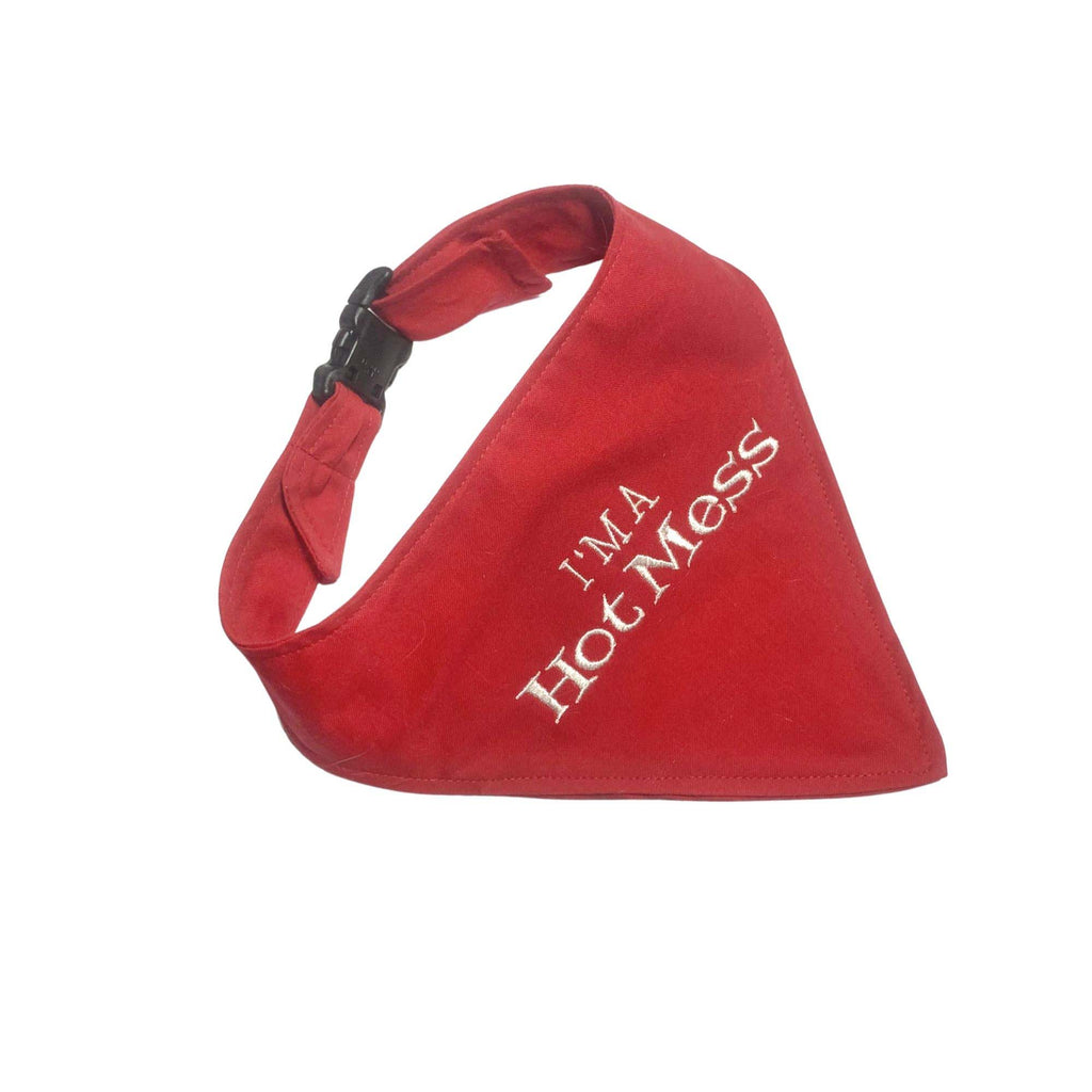 Red Bandana with phrase "I'm a Hot Mess" embroidered in white