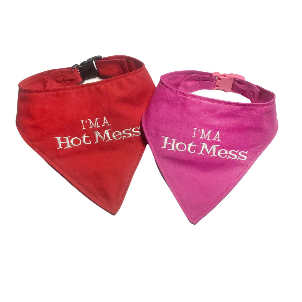 Red and Hot Pink Bandanas with phrase "I'm a Hot Mess" embroidered in white